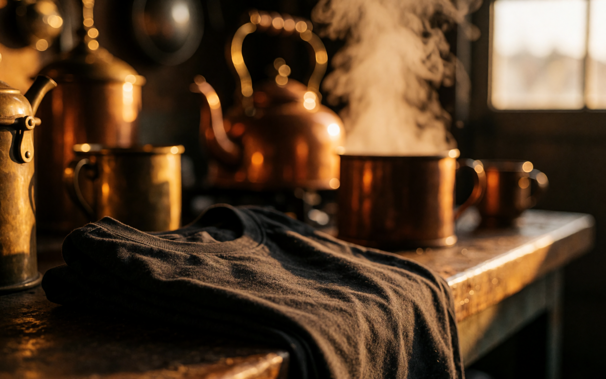 A folded heavyweight tee lit by warm copper bokeh